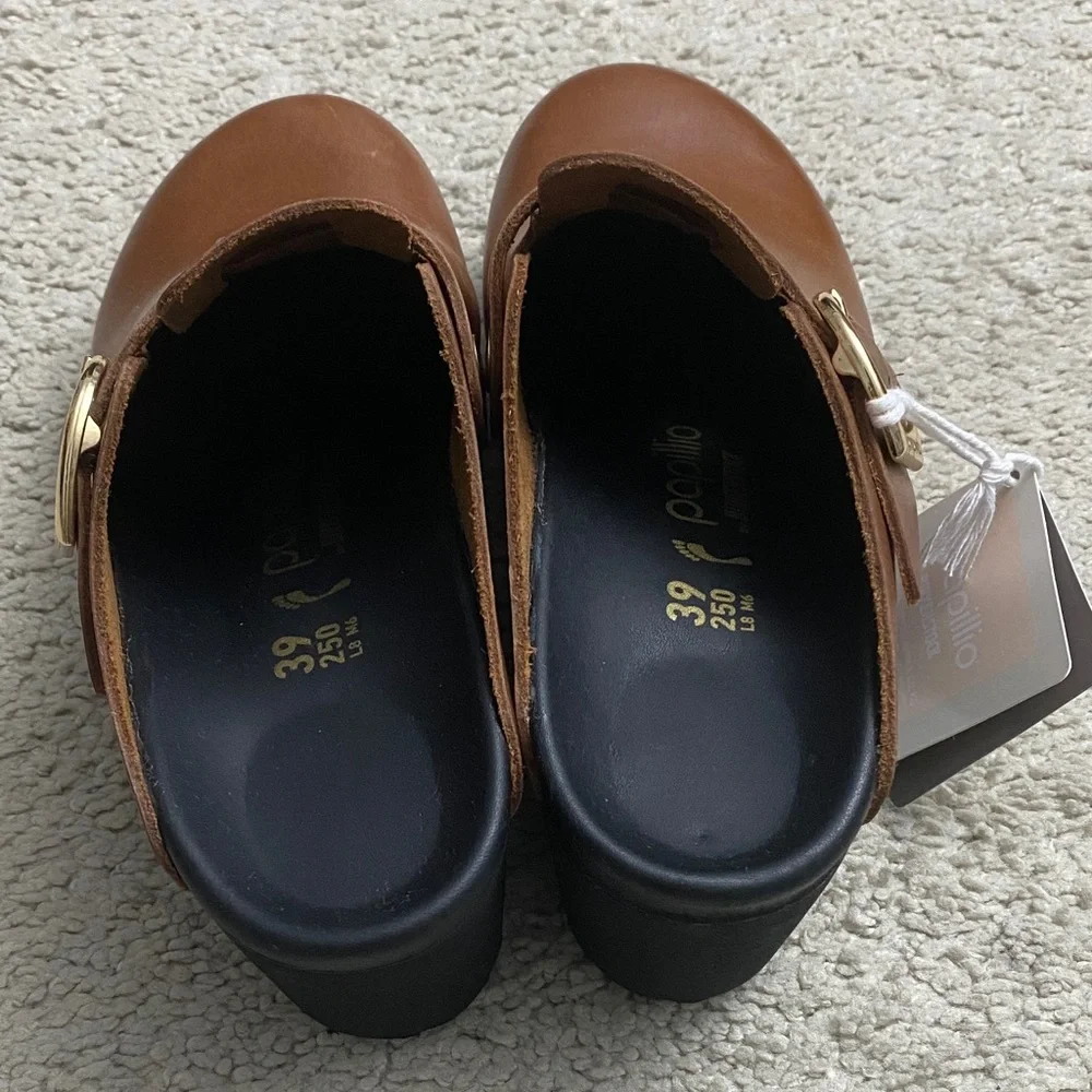 Papillio Tan Leather Clogs with Gold Buckle - Picture 3 of 5